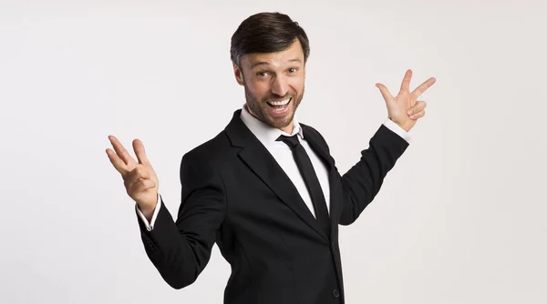 Happy Businessman Shouting Spreading Hands Over White Background, Panorama — Stok Foto