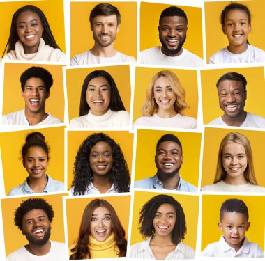 Sarı arka planda gülümseyen farklı etnik gruplardan oluşan bir kolaj