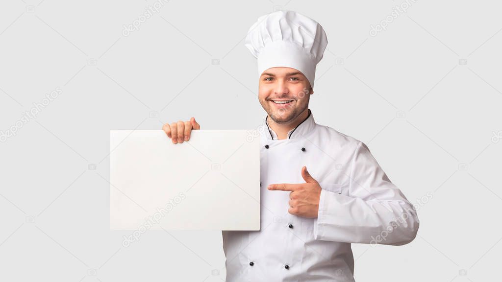 Chef Man Holding White Board Standing Over Studio Background, Mockup