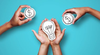 Hands with dollar sign coins and light bulb clipart