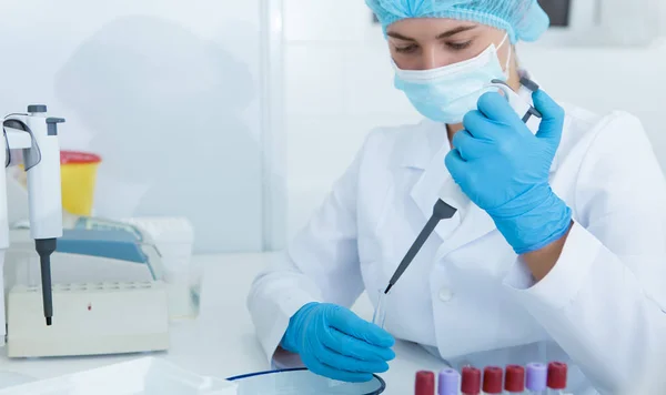 Jonge laboratoriumassistent verzamelt bloedmonsters van grote pipetten — Stockfoto