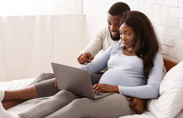 Pasangan muda hamil santai di rumah, menggunakan laptop — Stok Foto