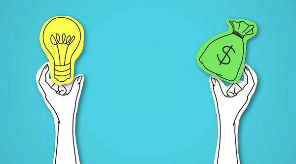 En hand håller grön väska med pengar, andra glödlampa — Stockfoto
