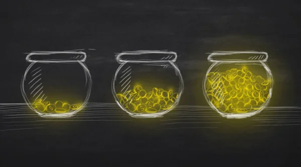 Tres frascos de vidrio con diferentes cantidades de monedas en el interior — Foto de Stock