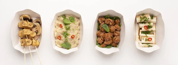 Quinoa, tempeh, soymeat and tofu in paper portion plates — Stock Photo, Image