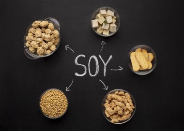 Soya fasulyesi, tofu, tempeh ve soya eti.