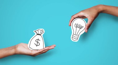 Hands with dollar sign bag and white light bulb clipart