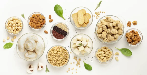 Assortment of soy products, nuts, superfoods and mushrooms — Stock Photo, Image