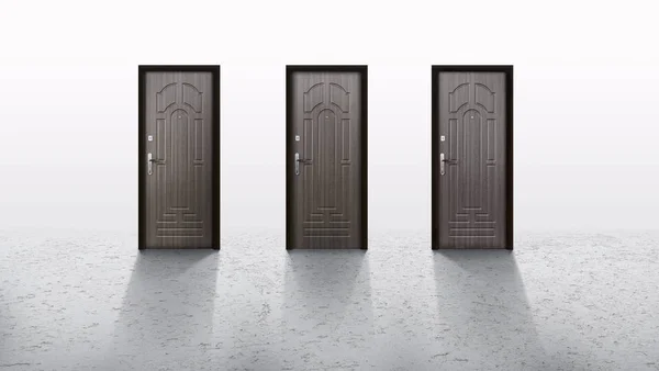 Tre porte simili irrilevanti su sfondo grigio — Foto Stock