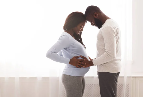 Casal existente tocando barriga, ficando pela janela em casa — Fotografia de Stock