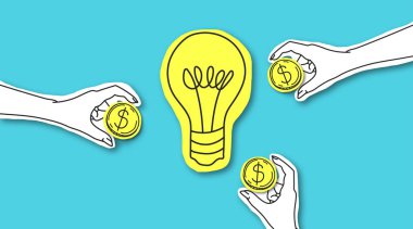 Sarı ampulün etrafında dolar işareti olan eller.