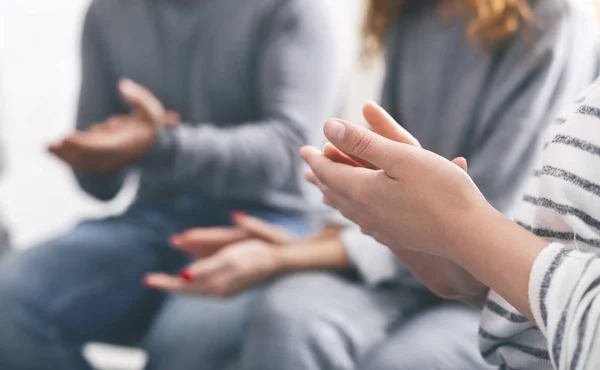 Patients clapping hands at psychotherapy session, close up — Stock Photo, Image