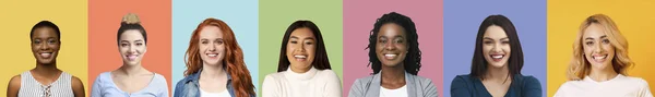 Collage verschiedener multiethnischer junger Frauen, die über bunte Hintergründe lächeln — Stockfoto