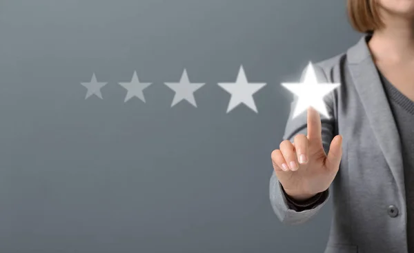 Hand of Client pressing Five Star Excellent survey Rating — 스톡 사진