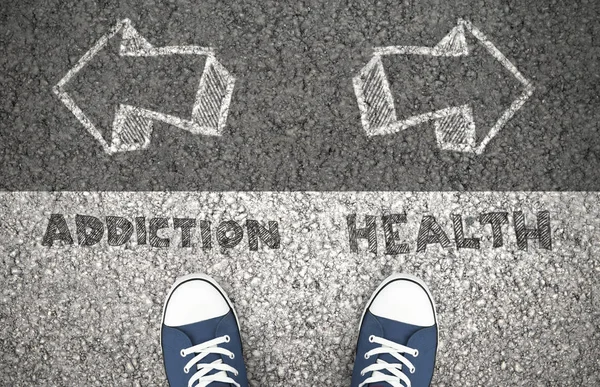 Choice between addiction and health, chalk drawing