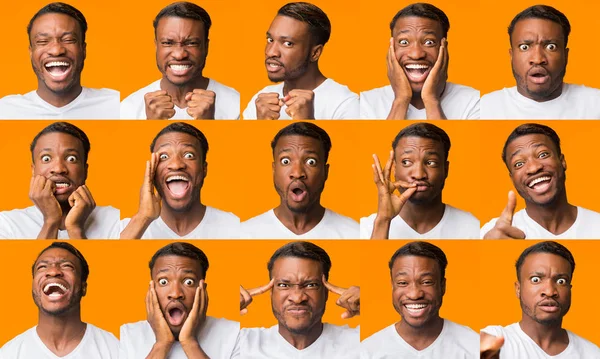 African American Guy Grimacing Expressing Different Emotions, Collage, Orange Background — Stock Photo, Image