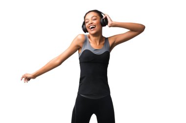 Afro Woman In Headphones Listening To Music Dancing, White Background