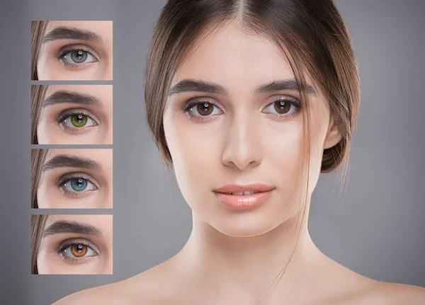 Picture of beautiful woman with different color of eyes collage — Stock Photo, Image