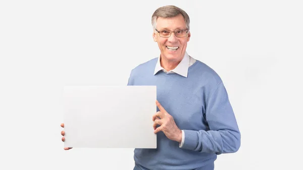 Smiling Senior Man Holding Blank Poster Standing, White Background, Panorama — Stock Photo, Image