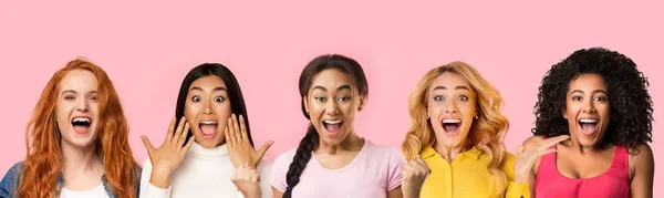 Collage of surprised happy women portraits over pink background — Stock Photo, Image