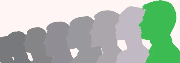 Grey profile human faces silhouettes lead by green one — Stock Photo, Image