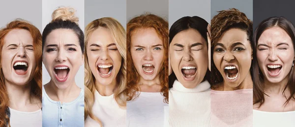 Colagem de jovens grupo interracial de meninas zangadas gritando — Fotografia de Stock