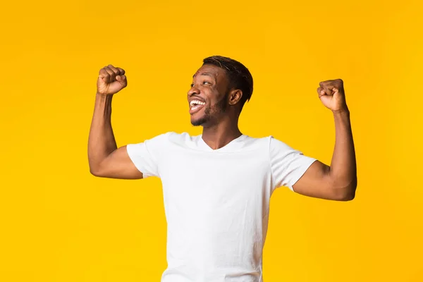 Emocionado Afro Guy Regocijándose Éxito Gritando y Sacudiendo Puños, Estudio —  Fotos de Stock