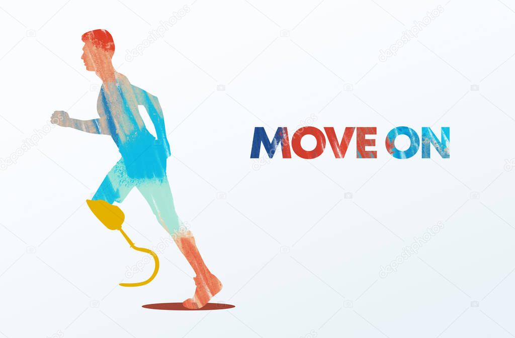 Infographics image of physically disabled runner, move on text