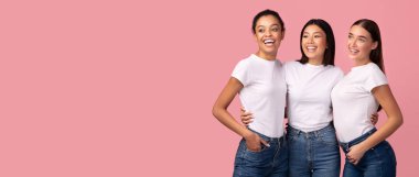 Three Happy Women Posing On Pink Studio Background, Panorama