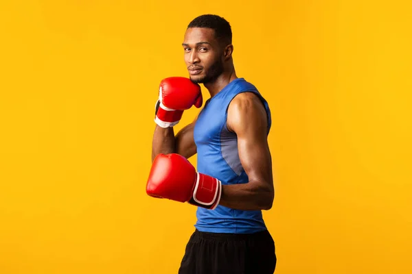 Schöner schwarzer Kämpfer, der klassische Boxhaltung demonstriert — Stockfoto