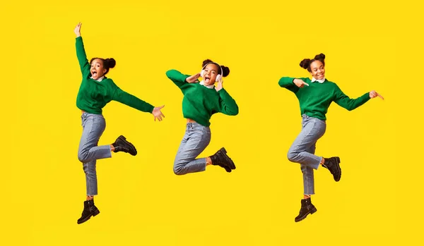 Collage of playful black teen jumping over studio background — Stok fotoğraf