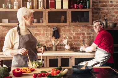 Senior couple preparing lunch at kitchen, free space