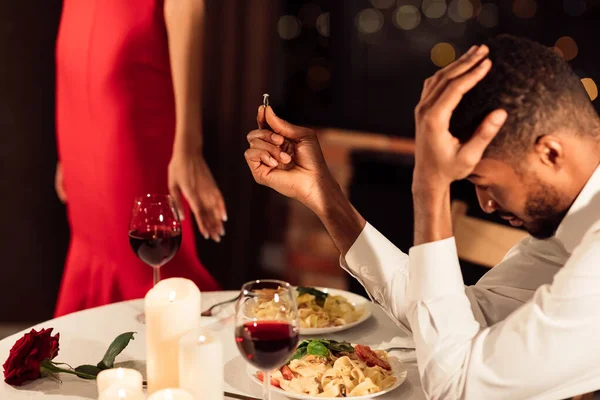Girl Refusing Marriage Proposal Leaving Unhappy Boyfriend In Restaurant — Stockfoto