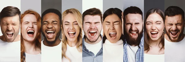 Collage of diverse multiracial angry people screaming — Stock Photo, Image