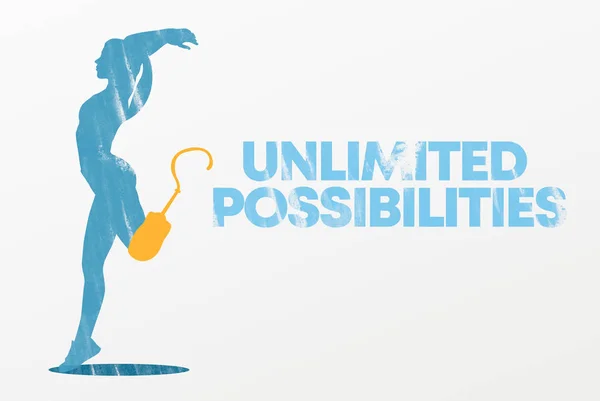 Sporty woman with leg prosthesis in motion, unlimited possibilities lettering — 스톡 사진