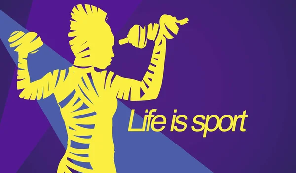 Yellow zebra silhouette of athletic woman with dumbbells over purple — 스톡 사진