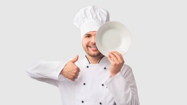 Şef Adam Başparmak Tutma Tabağı Kaplama Göz, Beyaz Arkaplan