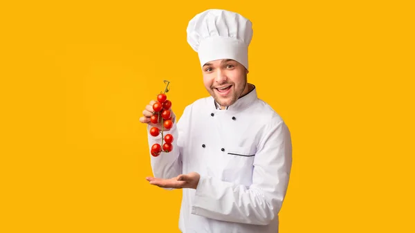 Sorridente cuoco uomo mostra pomodorini ciliegia in piedi su sfondo giallo — Foto Stock
