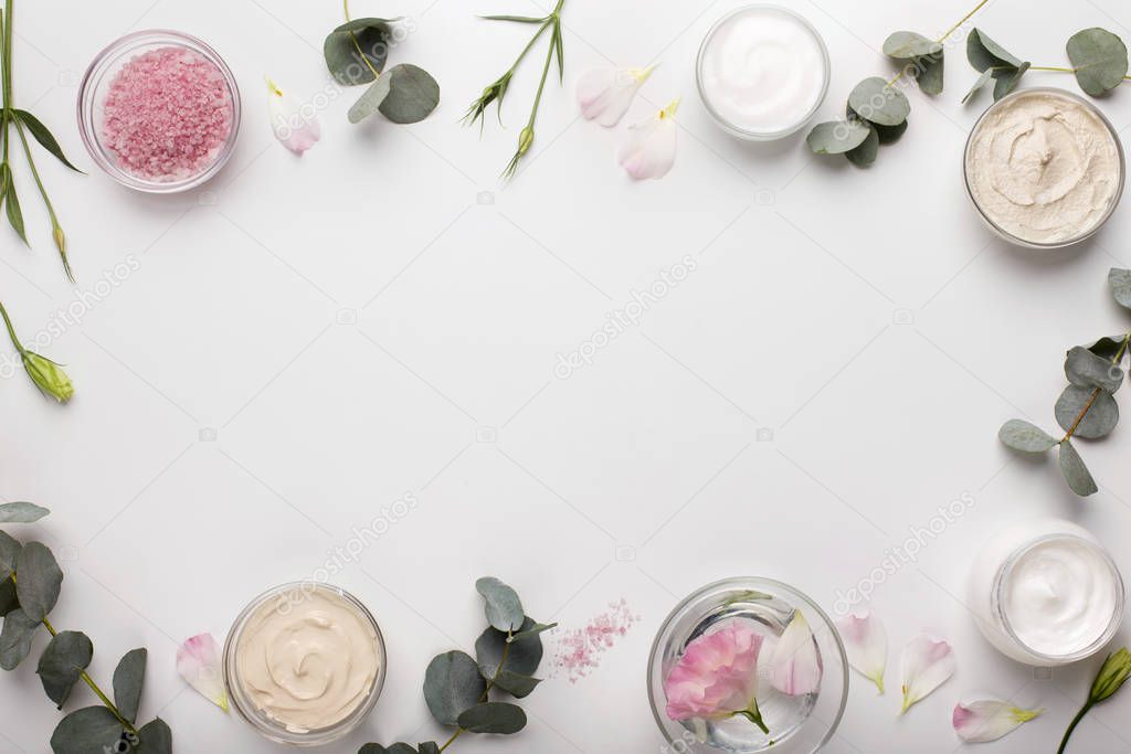 Eco frame of natural spa products on white background