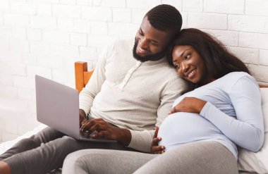 Güzel hamile çift dinlenirken dizüstü bilgisayar kullanıyor.
