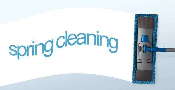 Colagem de Inscrição de limpeza de primavera e esfregão azul sobre fundo leve — Fotografia de Stock
