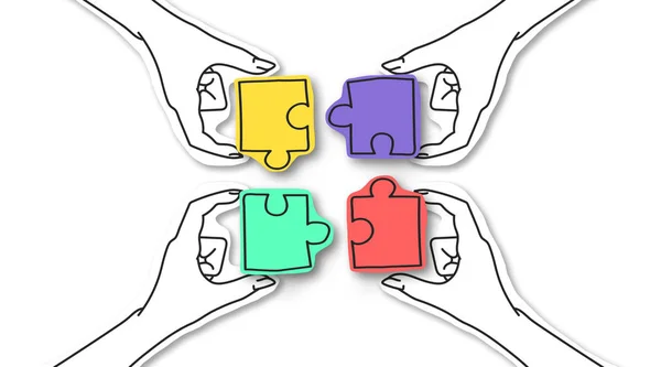 Cztery ręce łączące kolorowe puzzle na białym — Zdjęcie stockowe