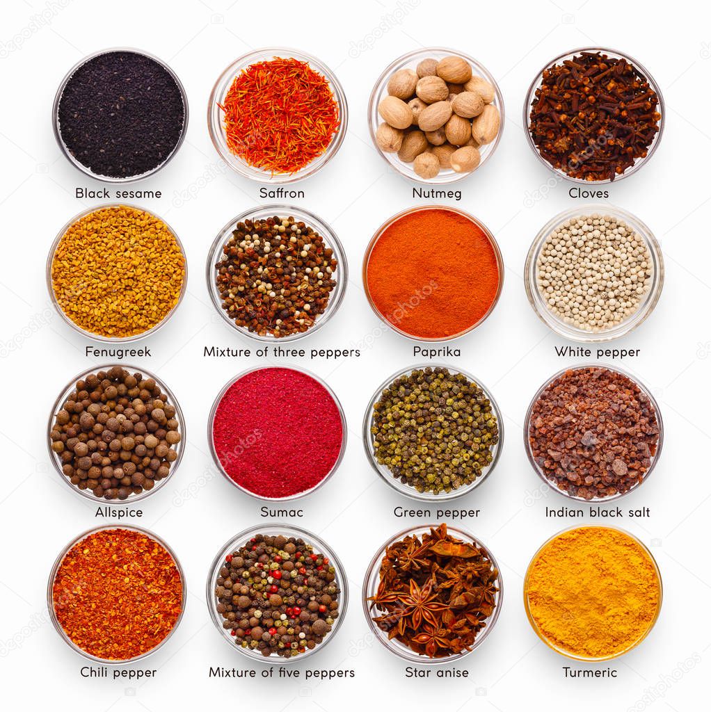 Collection of assorted culinary spices with names