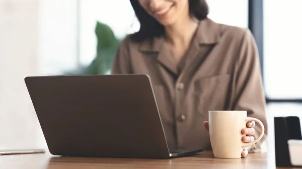 Lykkelig dame som jobber med en personlig datamaskin hjemme – stockfoto