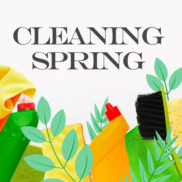 Czyszczenie wiosenny kolaż z kolorowych butelek detergentów, gąbek i liści ilustracji — Zdjęcie stockowe