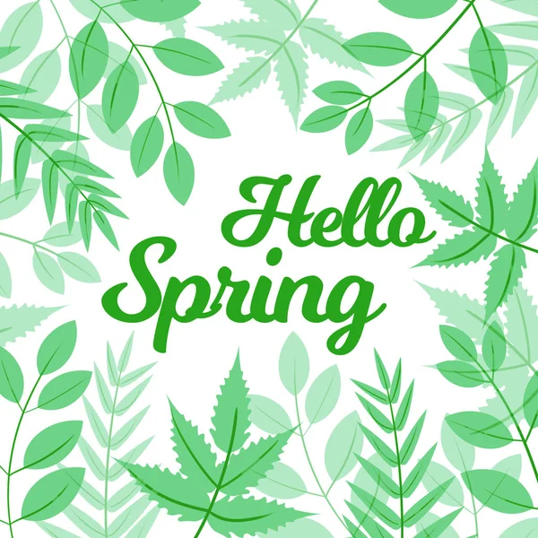 Hej våren text med blad över vit bakgrund — Stockfoto