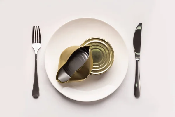Piatto con stagno sgualcito al posto del cibo — Foto Stock