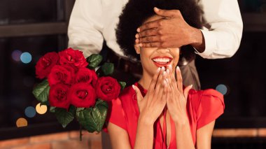 Unrecognizable Man Covering Girlfriends Eyes Holding Bouquet In Restaurant, Panorama