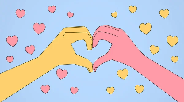 Romantis Valentines Illustration With Hands Forming Heart, Blue Background, Panorama — Stok Foto