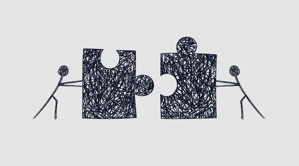 Schematic of two workers pushing puzzles towards each other — 스톡 사진